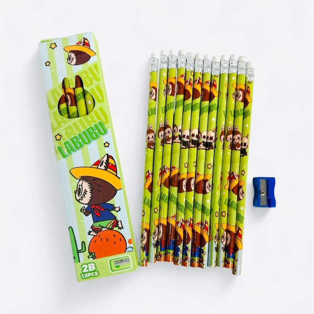 LABUBU Green Pencil Set includes 12 "2B" Pencil & Sharpener